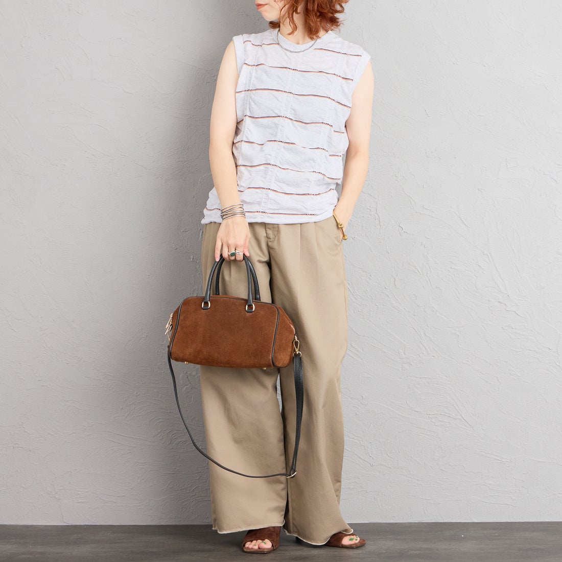 MEYAME [メヤメ] タックジャガードボーダーノースリーブトップス [MEY-2404] H.GREY &&モデル身長：158cm 着用サイズ：F&&