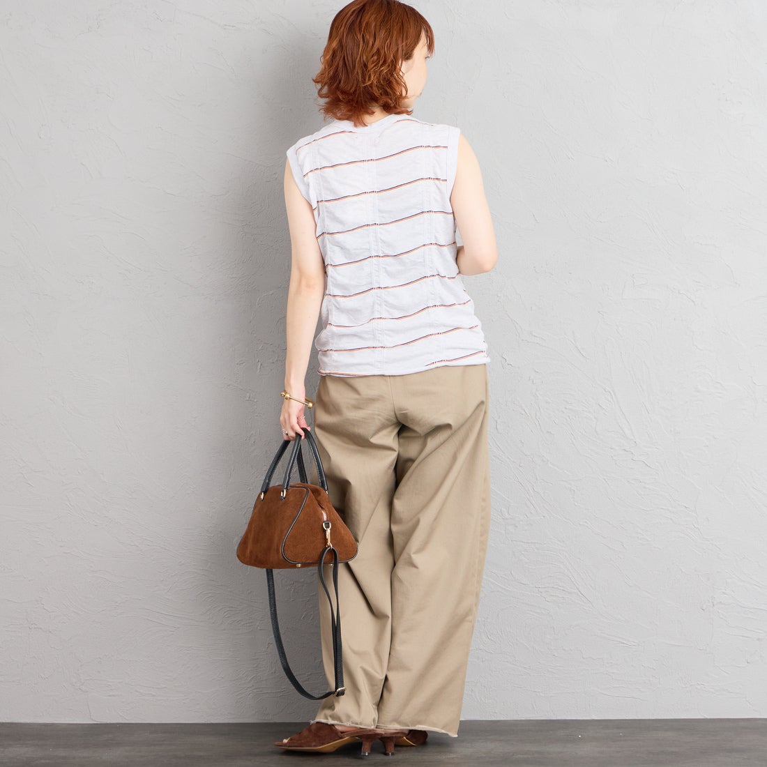 MEYAME [メヤメ] タックジャガードボーダーノースリーブトップス [MEY-2404] H.GREY &&モデル身長：158cm 着用サイズ：F&&