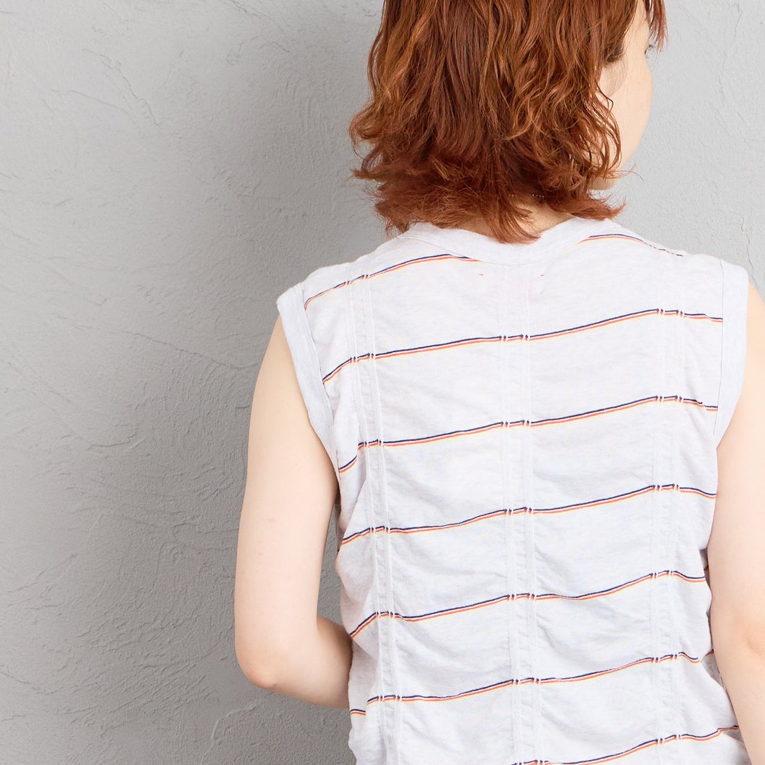 MEYAME [メヤメ] タックジャガードボーダーノースリーブトップス [MEY-2404] H.GREY &&モデル身長：158cm 着用サイズ：F&&