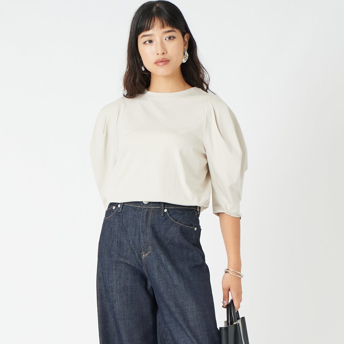 Jf Ready Made [ジェイエフレディメイド] 袖タック7分袖シルケットTシャツ [3204106] 810 ﾗｲﾄｸﾞﾚ &&モデル身長：162cm 着用サイズ：F&&