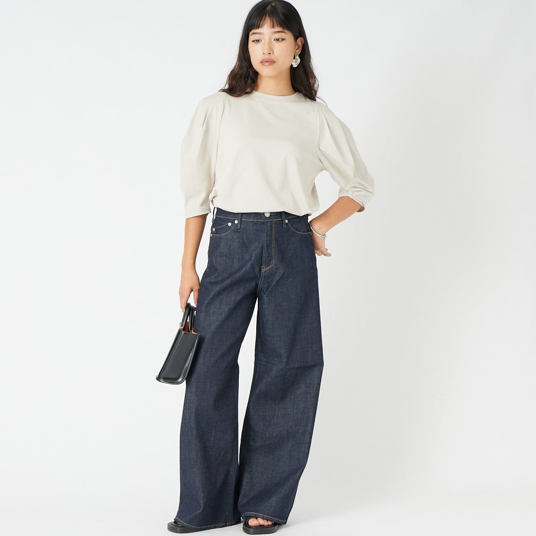 Jf Ready Made [ジェイエフレディメイド] 袖タック7分袖シルケットTシャツ [3204106] 810 ﾗｲﾄｸﾞﾚ &&モデル身長：162cm 着用サイズ：F&&