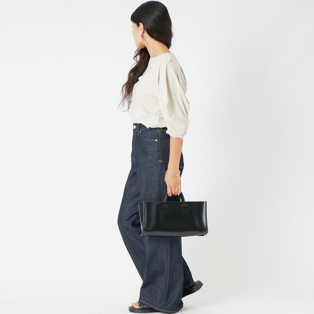 Jf Ready Made [ジェイエフレディメイド] 袖タック7分袖シルケットTシャツ [3204106] 810 ﾗｲﾄｸﾞﾚ &&モデル身長：162cm 着用サイズ：F&&