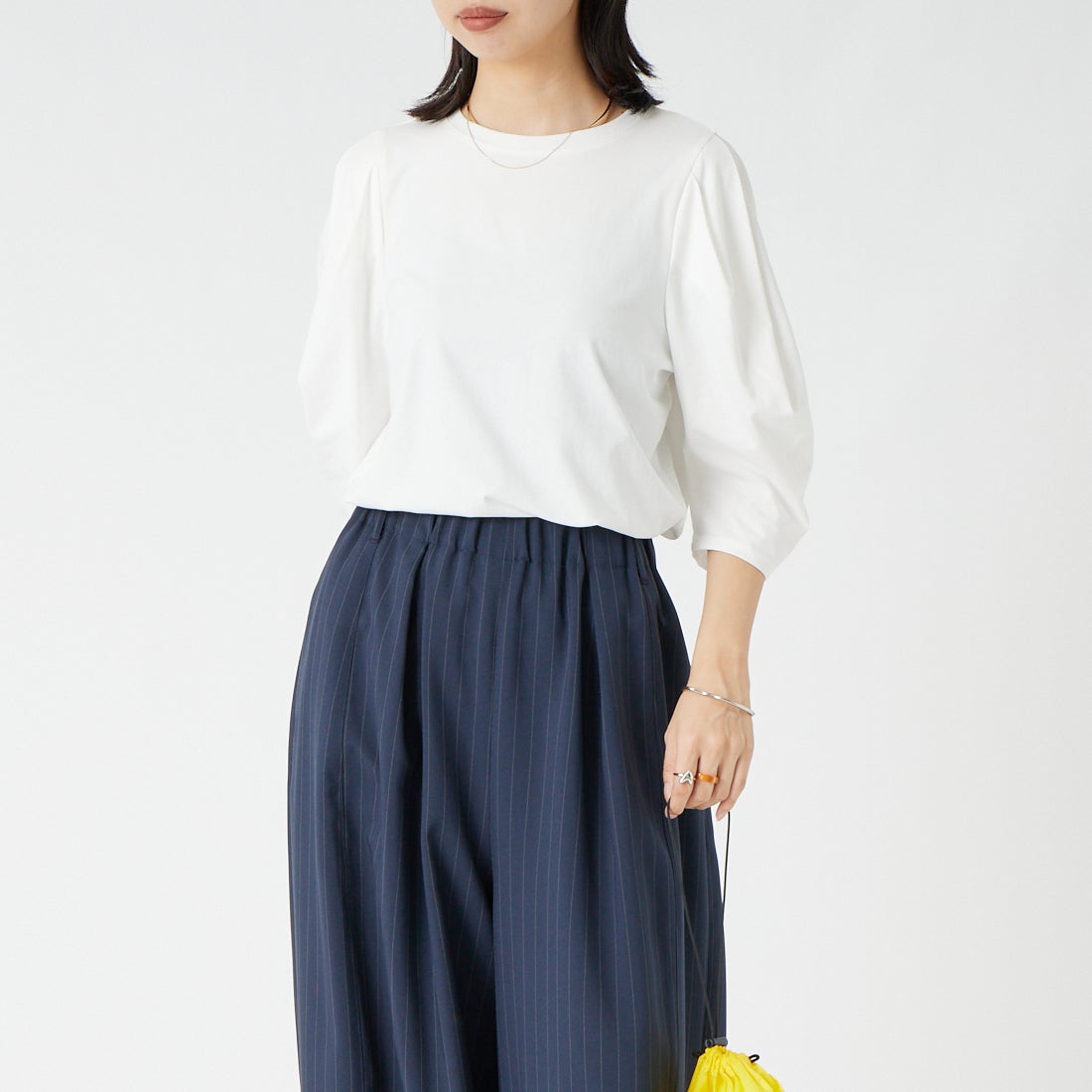 Jf Ready Made [ジェイエフレディメイド] 袖タック7分袖シルケットTシャツ [3204106] 101 ﾎﾜｲﾄ &&モデル身長：162cm 着用サイズ：F&&