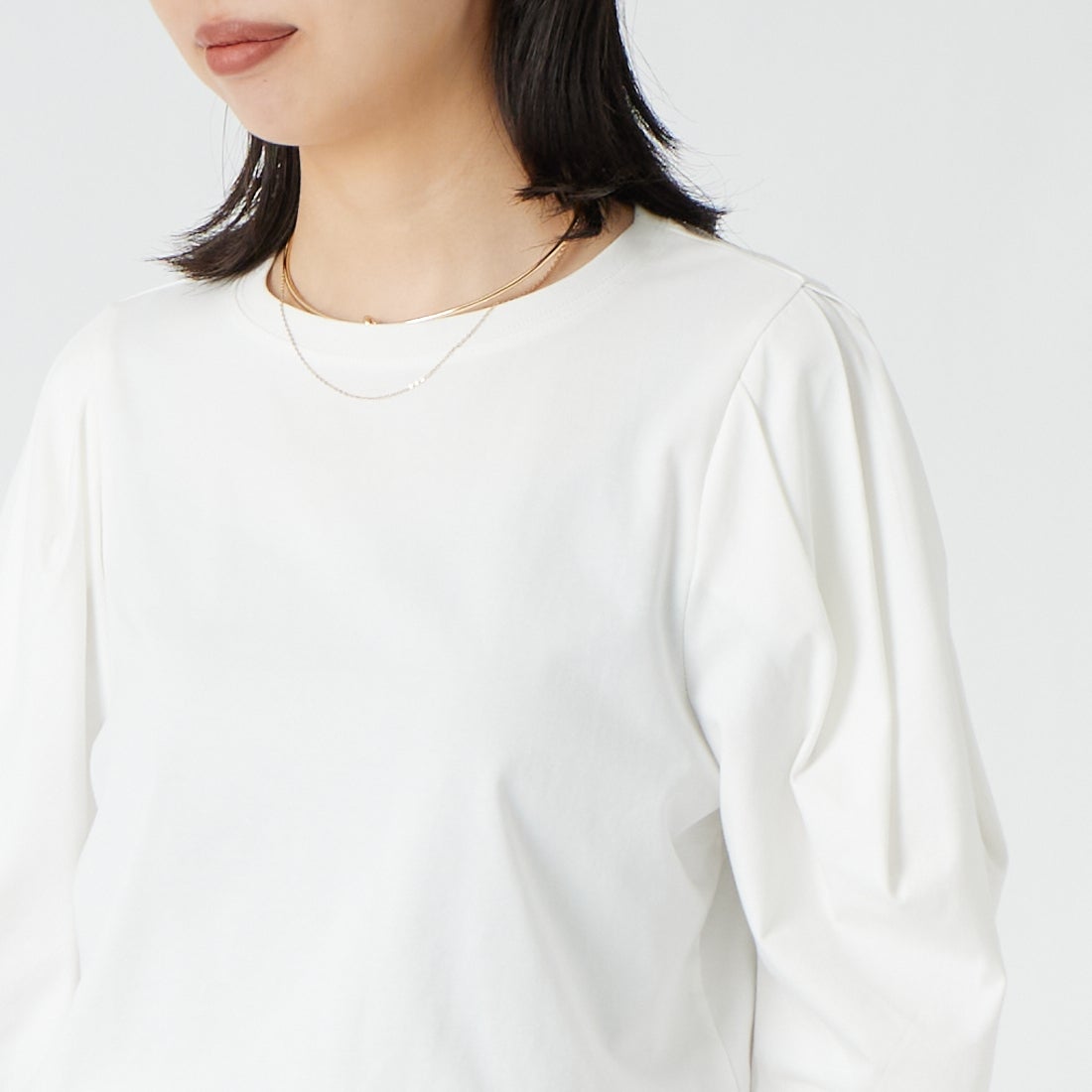 Jf Ready Made [ジェイエフレディメイド] 袖タック7分袖シルケットTシャツ [3204106] 101 ﾎﾜｲﾄ &&モデル身長：162cm 着用サイズ：F&&