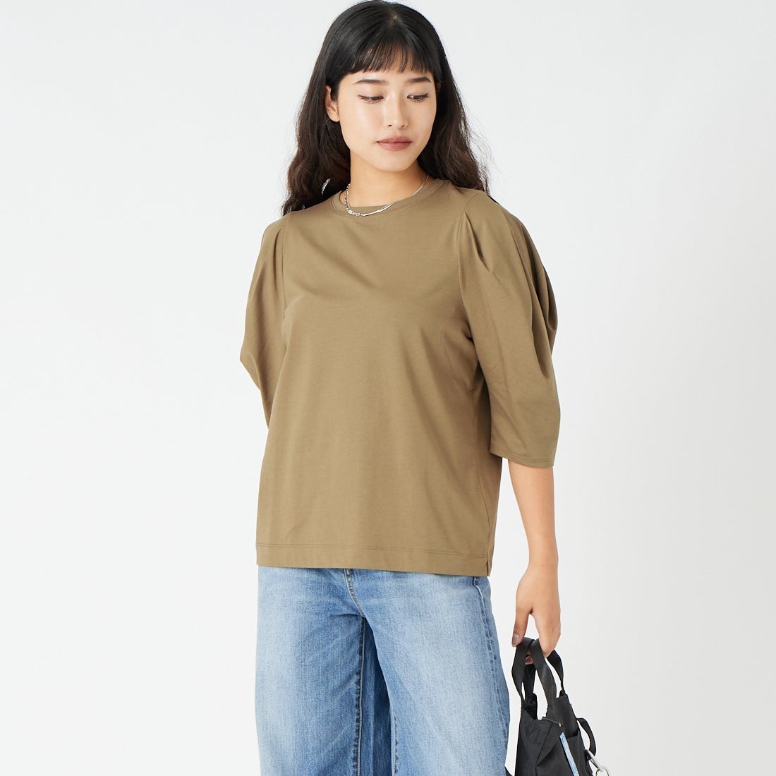 Jf Ready Made [ジェイエフレディメイド] 袖タック7分袖シルケットTシャツ [3204106] 701 ﾌﾞﾗｳﾝ &&モデル身長：162cm 着用サイズ：F&&