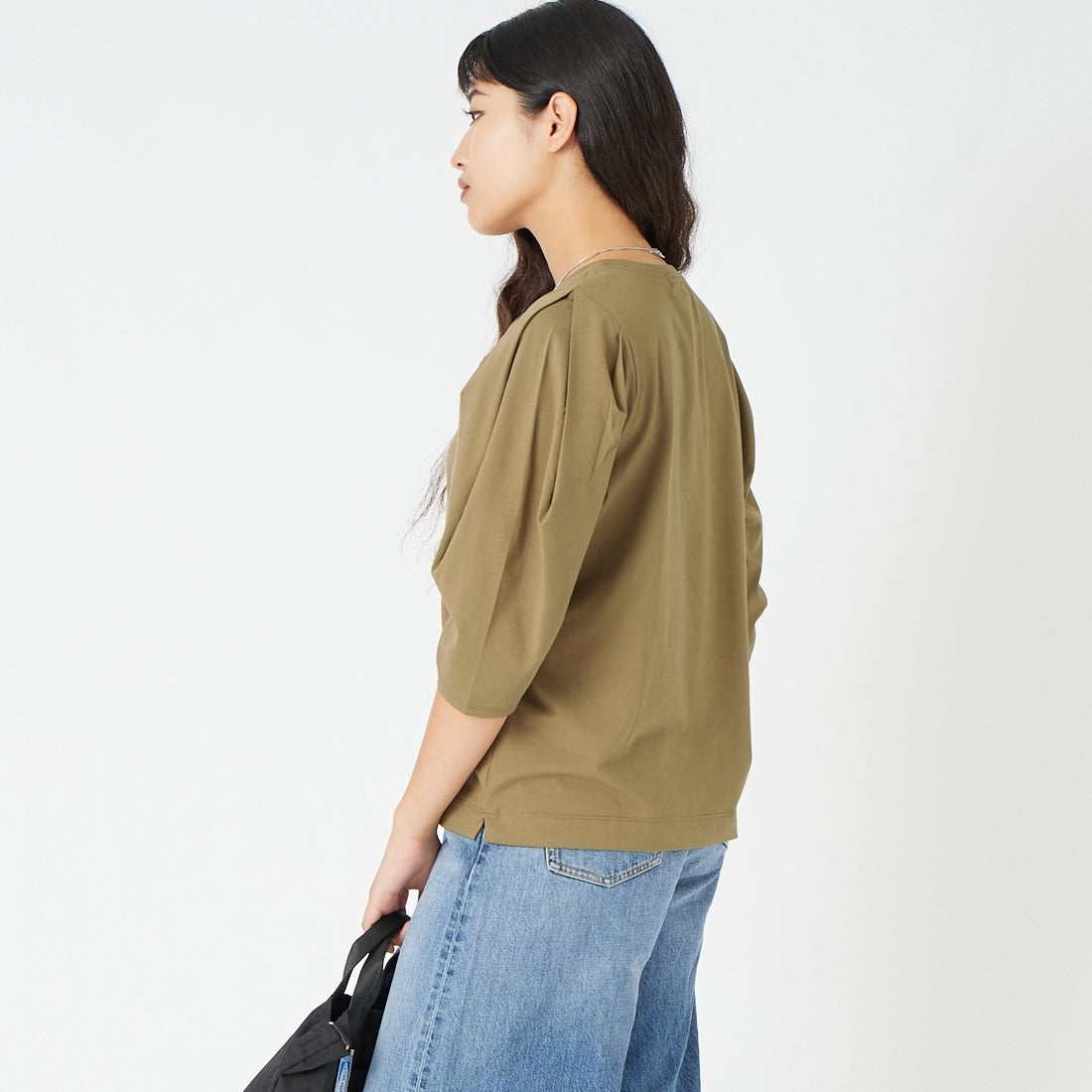 Jf Ready Made [ジェイエフレディメイド] 袖タック7分袖シルケットTシャツ [3204106] 701 ﾌﾞﾗｳﾝ &&モデル身長：162cm 着用サイズ：F&&