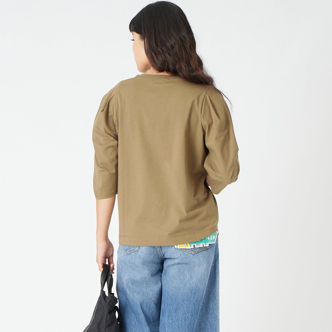 Jf Ready Made [ジェイエフレディメイド] 袖タック7分袖シルケットTシャツ [3204106] 701 ﾌﾞﾗｳﾝ &&モデル身長：162cm 着用サイズ：F&&