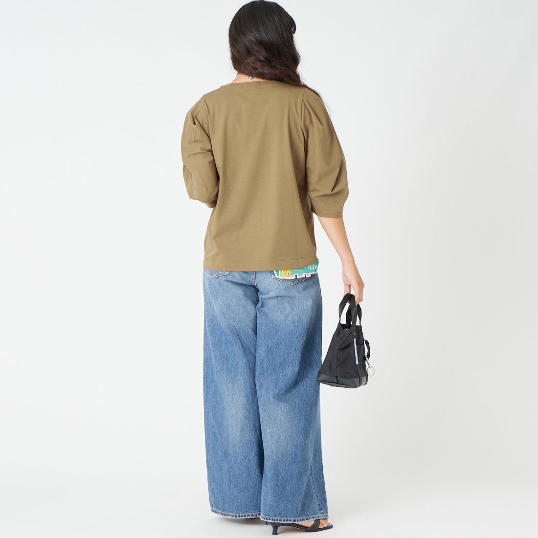 Jf Ready Made [ジェイエフレディメイド] 袖タック7分袖シルケットTシャツ [3204106] 701 ﾌﾞﾗｳﾝ &&モデル身長：162cm 着用サイズ：F&&