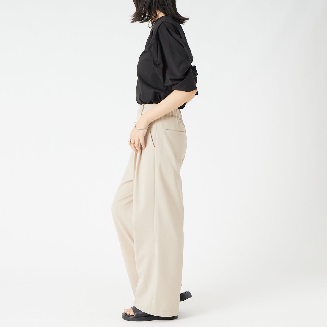 Jf Ready Made [ジェイエフレディメイド] 袖タック7分袖シルケットTシャツ [3204106] 801 ﾌﾞﾗｯｸ &&モデル身長：162cm 着用サイズ：F&&