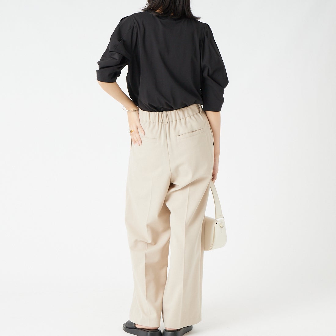 Jf Ready Made [ジェイエフレディメイド] 袖タック7分袖シルケットTシャツ [3204106] 801 ﾌﾞﾗｯｸ &&モデル身長：162cm 着用サイズ：F&&