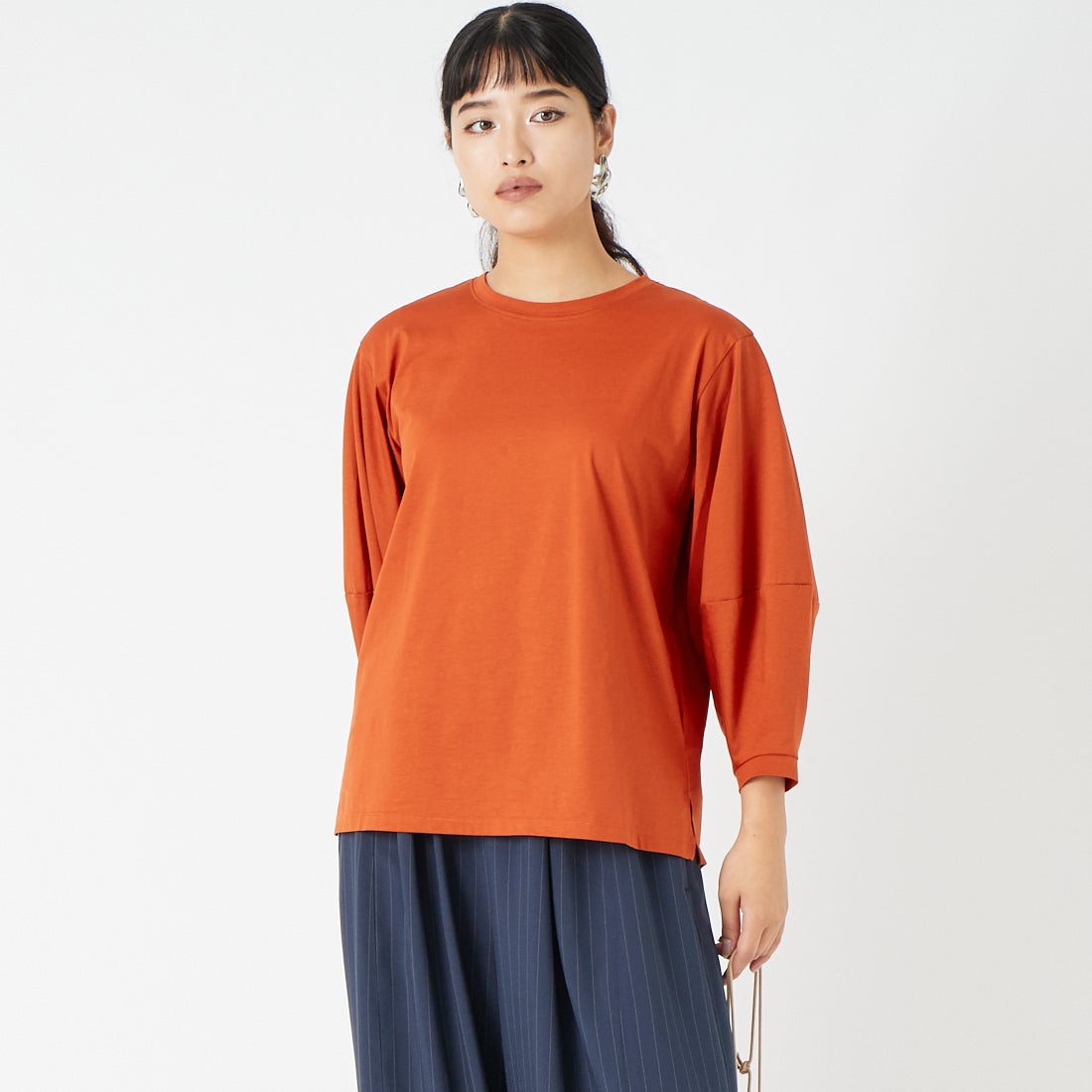 Jf Ready Made [ジェイエフレディメイド] ランタンスリーブシルケットTシャツ [3204108]364 ﾃﾗｺｯﾀ &&モデル身長：162cm 着用サイズ：F&&