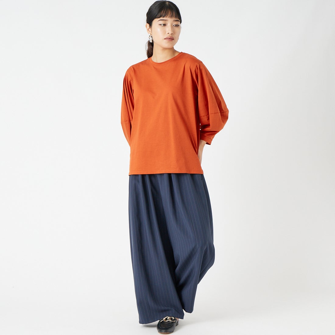 Jf Ready Made [ジェイエフレディメイド] ランタンスリーブシルケットTシャツ [3204108]364 ﾃﾗｺｯﾀ &&モデル身長：162cm 着用サイズ：F&&