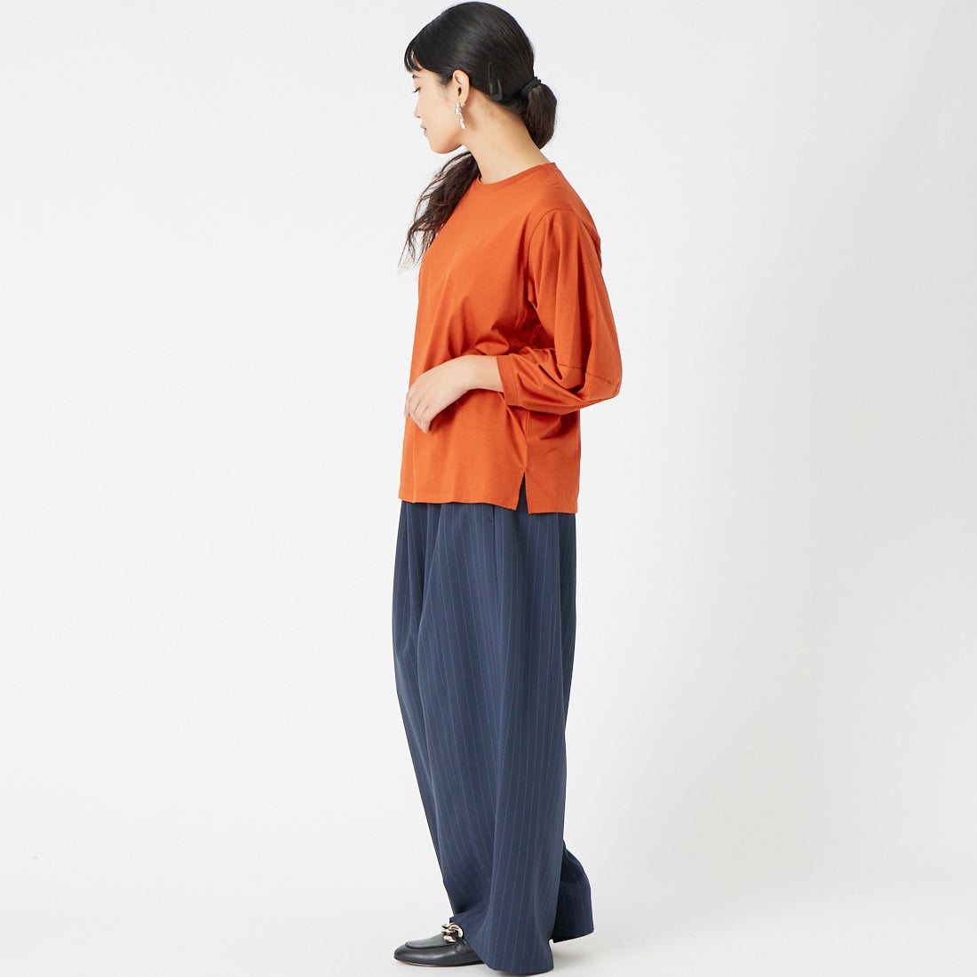 Jf Ready Made [ジェイエフレディメイド] ランタンスリーブシルケットTシャツ [3204108]364 ﾃﾗｺｯﾀ &&モデル身長：162cm 着用サイズ：F&&