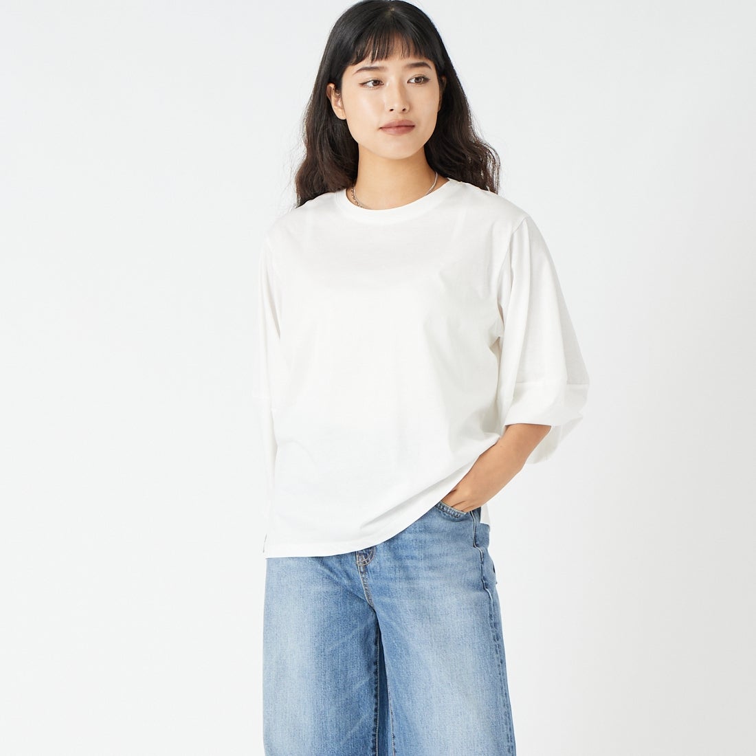 Jf Ready Made [ジェイエフレディメイド] ランタンスリーブシルケットTシャツ [3204108] 104 ｵﾌﾎﾜｲﾄ &&モデル身長：162cm 着用サイズ：F&&