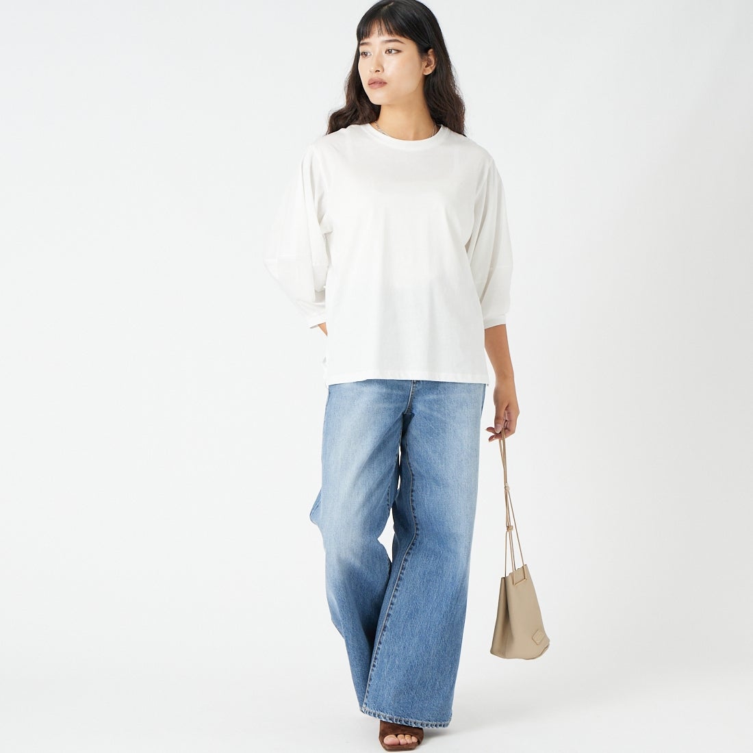 Jf Ready Made [ジェイエフレディメイド] ランタンスリーブシルケットTシャツ [3204108] 104 ｵﾌﾎﾜｲﾄ &&モデル身長：162cm 着用サイズ：F&&