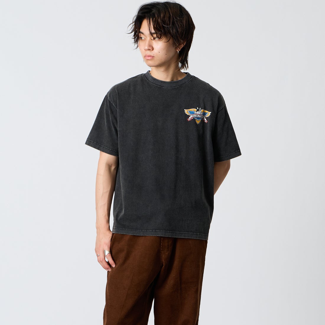 The Endless Summer [エンドレスサマー] ヴィンテージバイカー ビッグシルエットTシャツ [G-26574314] 01 BLACK &&モデル身長：177cm 着用サイズ：M&&