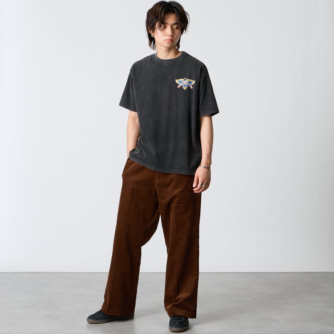 The Endless Summer [エンドレスサマー] ヴィンテージバイカー ビッグシルエットTシャツ [G-26574314] 01 BLACK &&モデル身長：177cm 着用サイズ：M&&