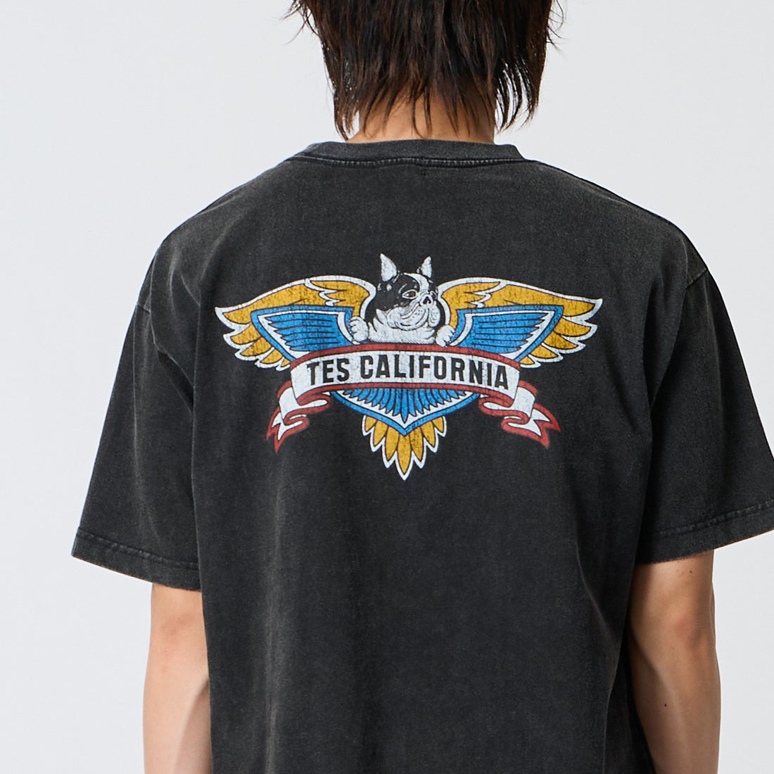 The Endless Summer [エンドレスサマー] ヴィンテージバイカー ビッグシルエットTシャツ [G-26574314] 01 BLACK &&モデル身長：177cm 着用サイズ：M&&