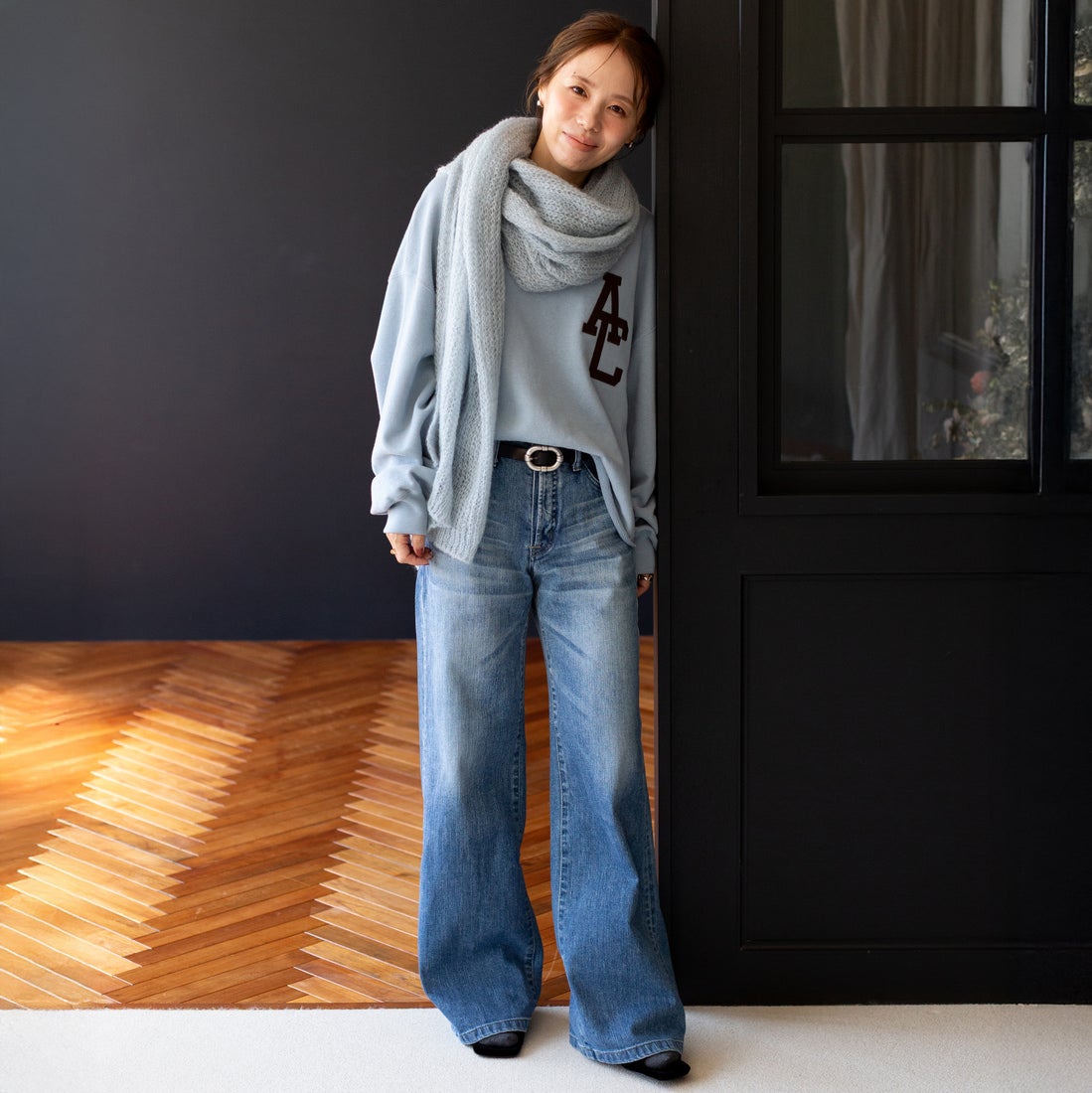 Americana × JEANS FACTORY [アメリカーナ × ジーンズファクトリー] 別注 AC ワッペン カットオフスウェット [ASO-899-2-JF] ﾌﾞﾙｰｸﾞﾚｰ &&モデル身長：162cm 着用サイズ：ONE SIZE&&