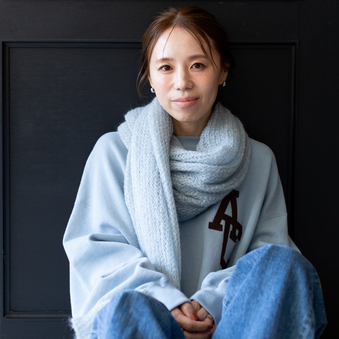 Americana × JEANS FACTORY [アメリカーナ × ジーンズファクトリー] 別注 AC ワッペン カットオフスウェット [ASO-899-2-JF] ﾌﾞﾙｰｸﾞﾚｰ &&モデル身長：162cm 着用サイズ：ONE SIZE&&