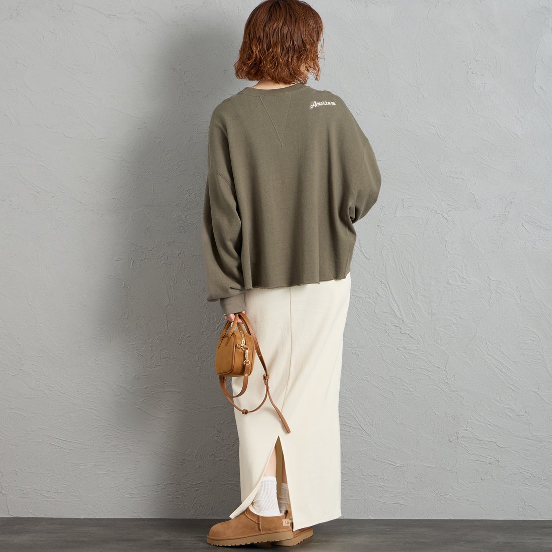 Americana × JEANS FACTORY [アメリカーナ × ジーンズファクトリー] 別注 AC ワッペン カットオフスウェット [ASO-899-2-JF] ｸﾞﾚｰﾌﾞﾗｳﾝ &&モデル身長：158cm 着用サイズ：ONE SIZE&&