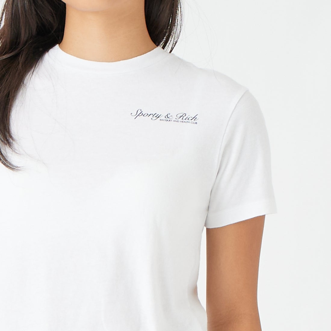 Sporty&Rich [スポーティアンドリッチ] シラキュース キッズTシャツ [SR06TO0487-5325] WHT D.NVY &&モデル身長：162cm 着用サイズ：10-12&&