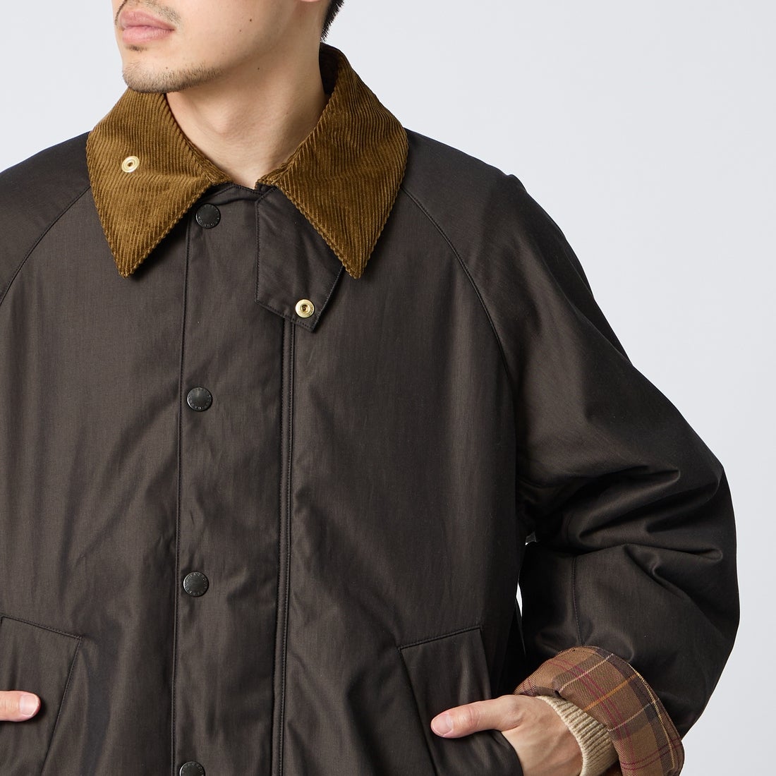 Barbour [バブアー] 別注 TRANSPORT 中綿入りトランスポートジャケット [262MCAS249-JF] BROWN &&モデル身長：168cm 着用サイズ：38&&