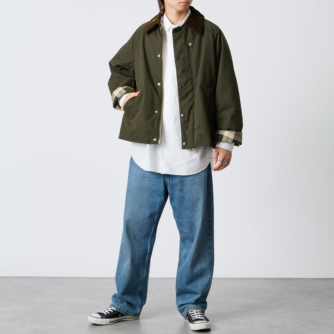 Barbour [バブアー] 別注 TRANSPORT 中綿入りトランスポートジャケット [262MCAS249-JF] SAGE &&モデル身長：177cm 着用サイズ：38&&
