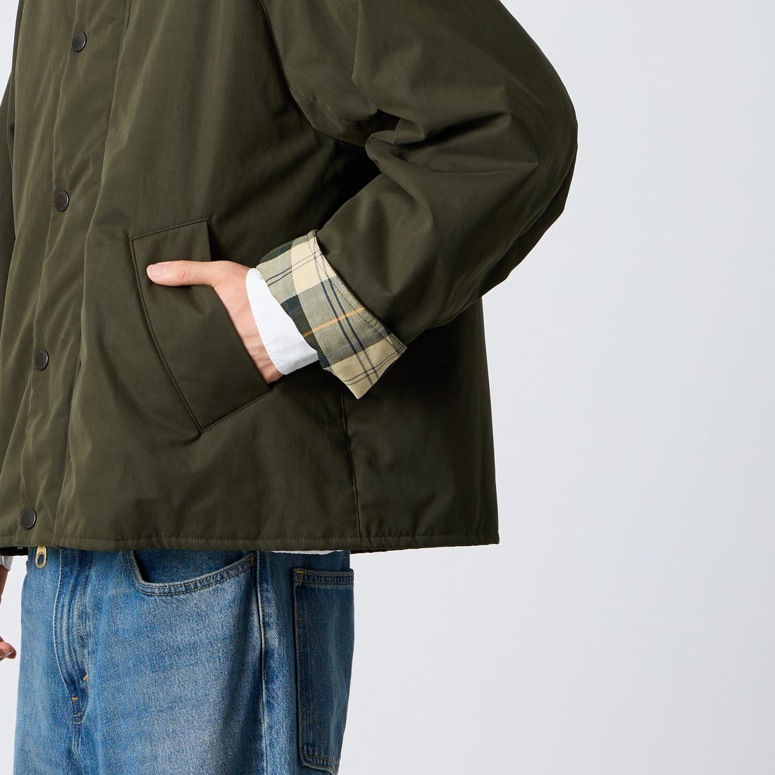 Barbour [バブアー] 別注 TRANSPORT 中綿入りトランスポートジャケット [262MCAS249-JF] SAGE &&モデル身長：177cm 着用サイズ：38&&