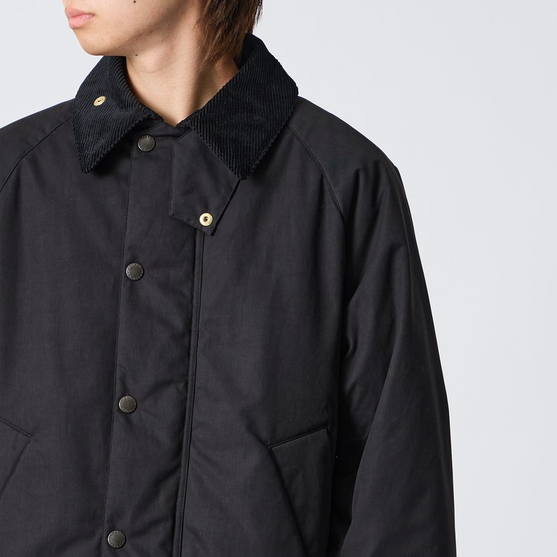 Barbour [バブアー] 別注 TRANSPORT 中綿入りトランスポートジャケット [262MCAS249-JF] BLACK &&モデル身長：177cm 着用サイズ：38&&