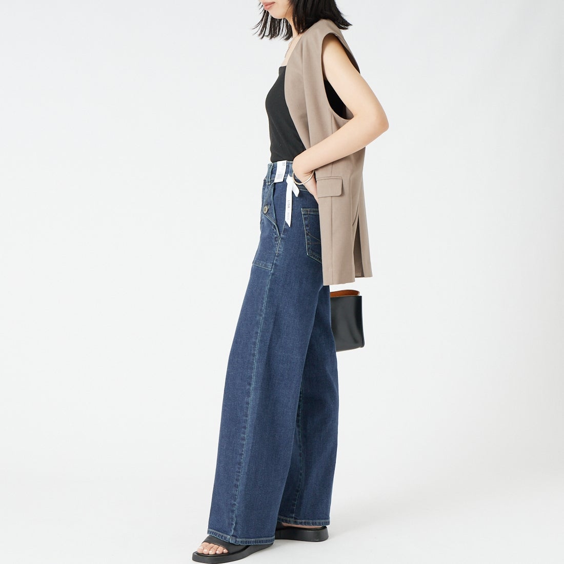 SOMETHING [サムシング] LISA フロントフラップ ワイドデニムパンツ [SEA583] 40 D.USED &&モデル身長：162cm 着用サイズ：XS&&