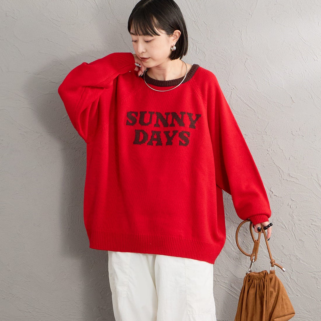 LOGAN Knitting Mills [ローガン ニッティング ミルズ] 別注 配色ジャガードラグランニット [LG-26FW29IN-JF] RED &&モデル身長：150cm 着用サイズ：F&&