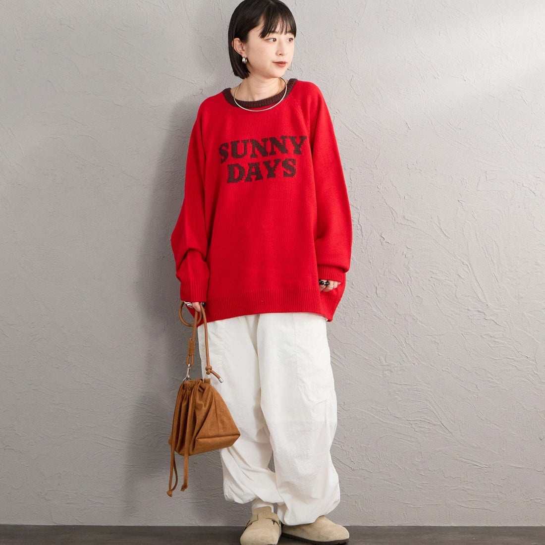 LOGAN Knitting Mills [ローガン ニッティング ミルズ] 別注 配色ジャガードラグランニット [LG-26FW29IN-JF] RED &&モデル身長：150cm 着用サイズ：F&&