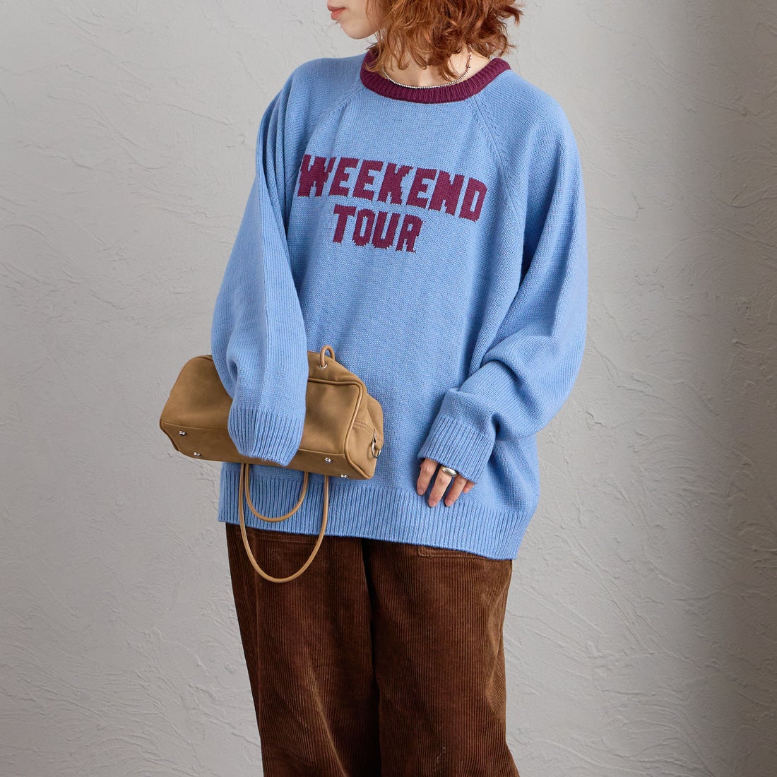 LOGAN Knitting Mills [ローガン ニッティング ミルズ] 別注 配色ジャガードラグランニット [LG-26FW29IN-JF] BLUE &&モデル身長：158cm 着用サイズ：F&&