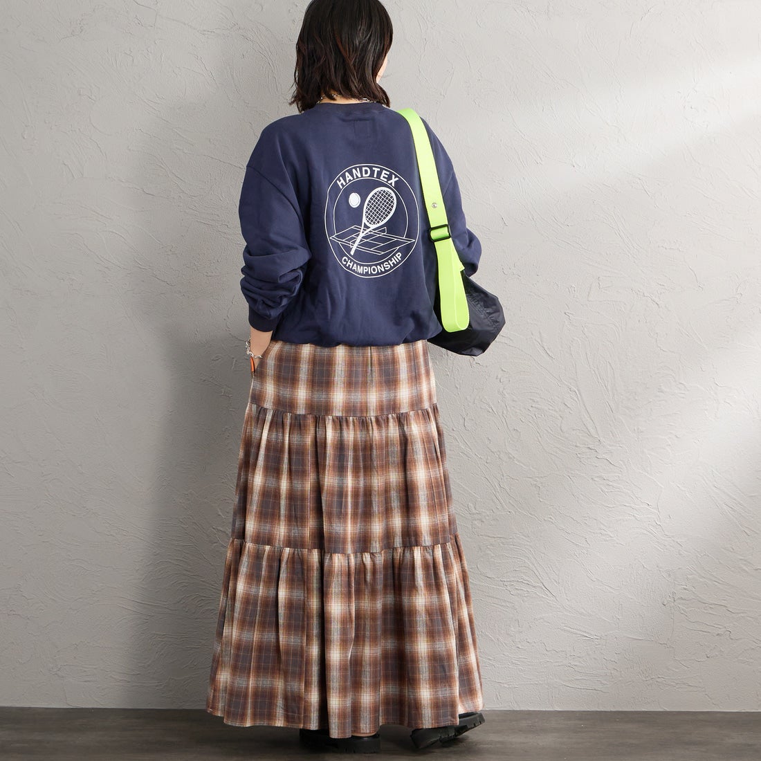 UNIVERSAL OVERALL [ユニバーサルオーバーオール] 別注 ネルチェック柄 ティアードマキシ丈スカート [U2632767IN-JF] BEIGE &&モデル身長：160cm 着用サイズ：F&&