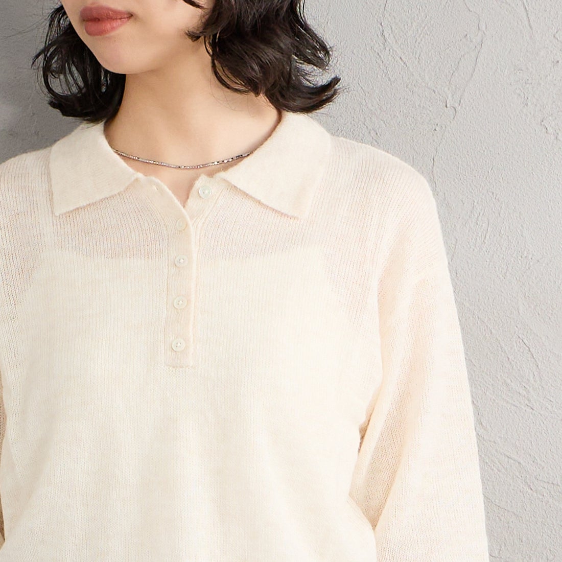 Health knit [ヘルスニット] 別注 モヘアブレンドポロニット [HR26F-L463IN-JF] OFF WHITE &&モデル身長：162cm 着用サイズ：F&&