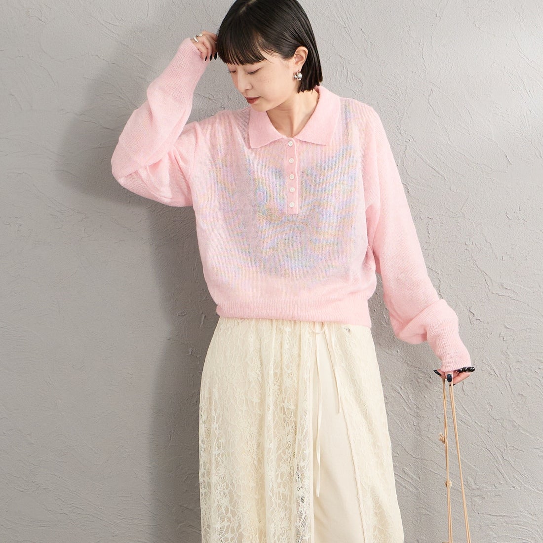 Health knit [ヘルスニット] 別注 モヘアブレンドポロニット [HR26F-L463IN-JF] PINK &&モデル身長：150cm 着用サイズ：F&&