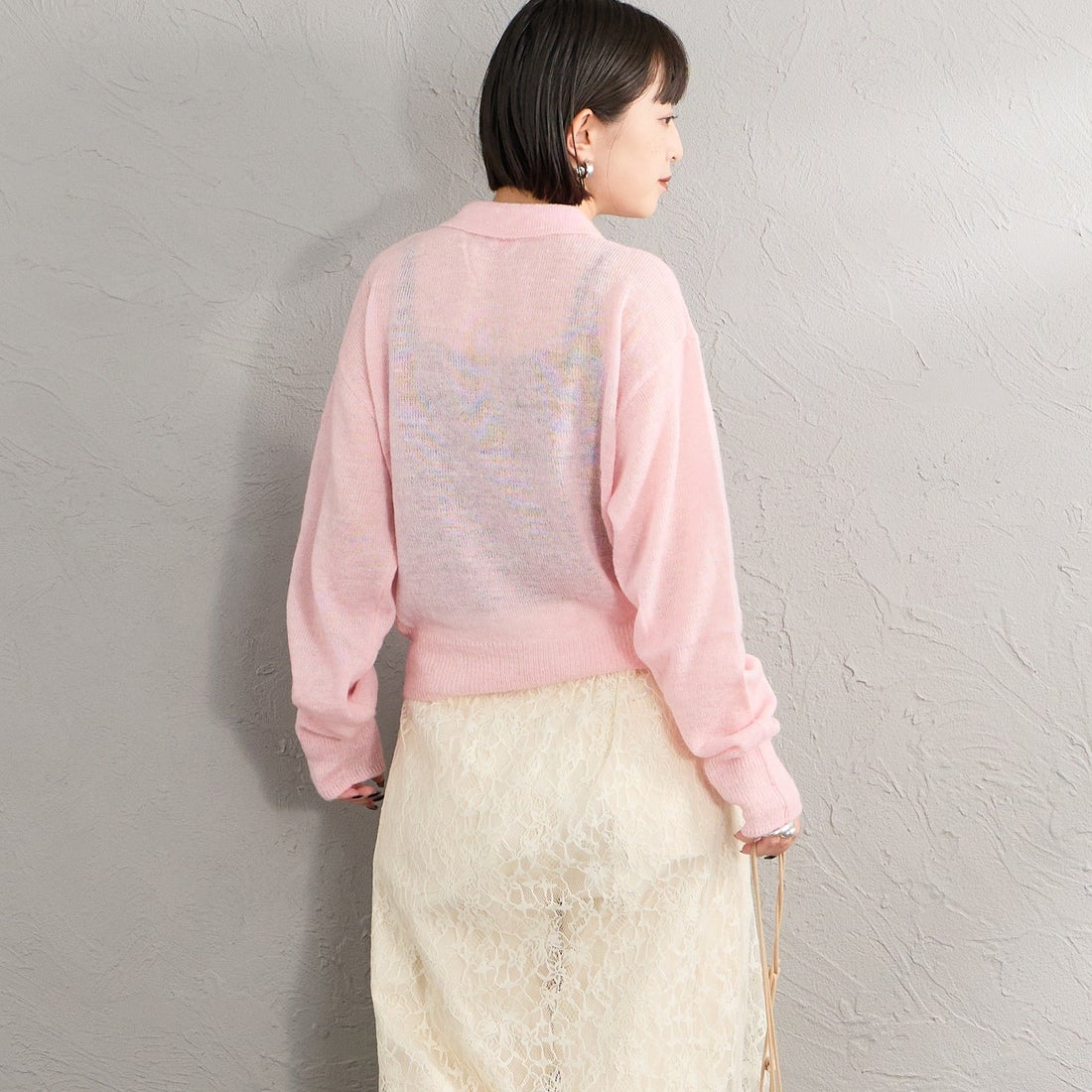 Health knit [ヘルスニット] 別注 モヘアブレンドポロニット [HR26F-L463IN-JF] PINK &&モデル身長：150cm 着用サイズ：F&&