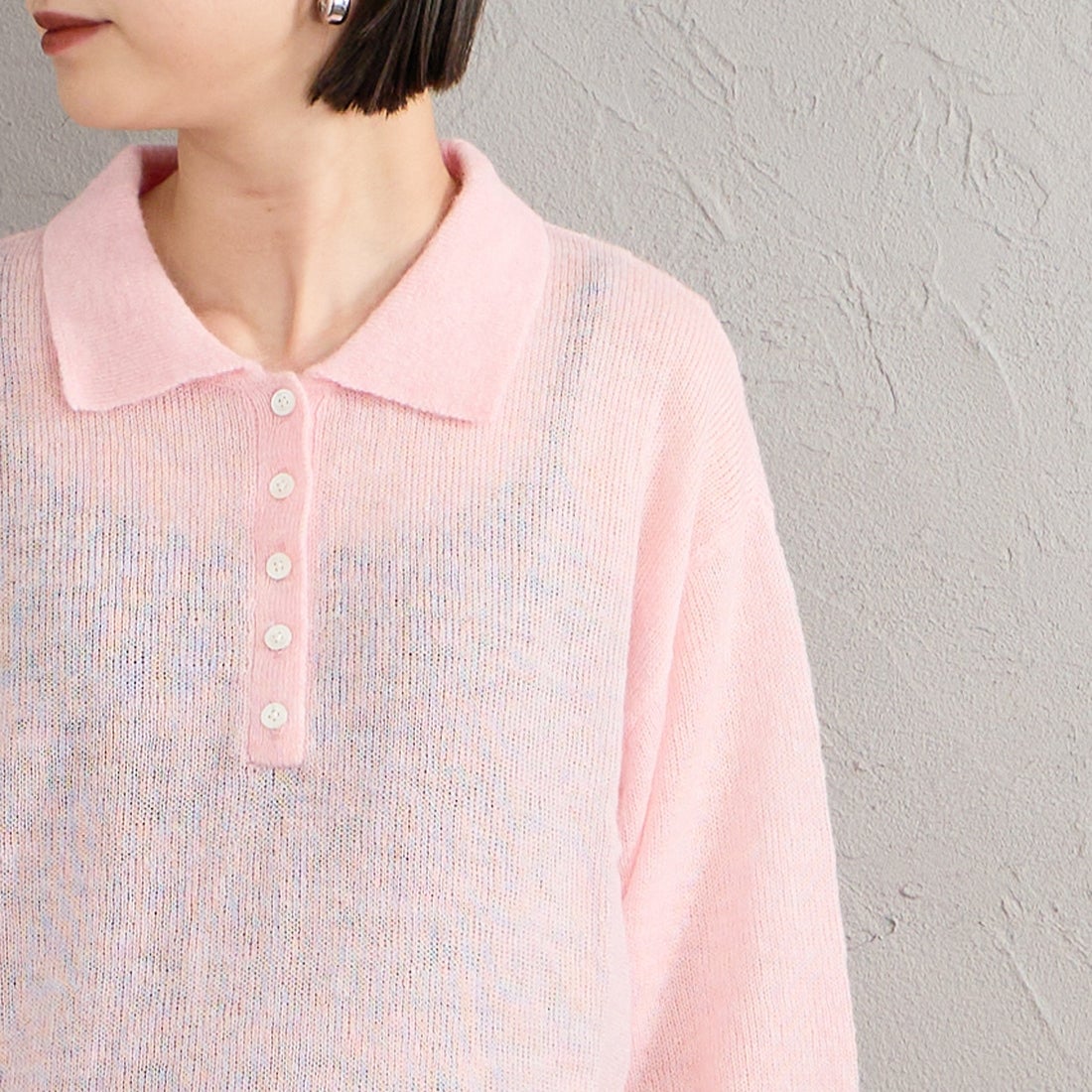 Health knit [ヘルスニット] 別注 モヘアブレンドポロニット [HR26F-L463IN-JF] PINK &&モデル身長：150cm 着用サイズ：F&&
