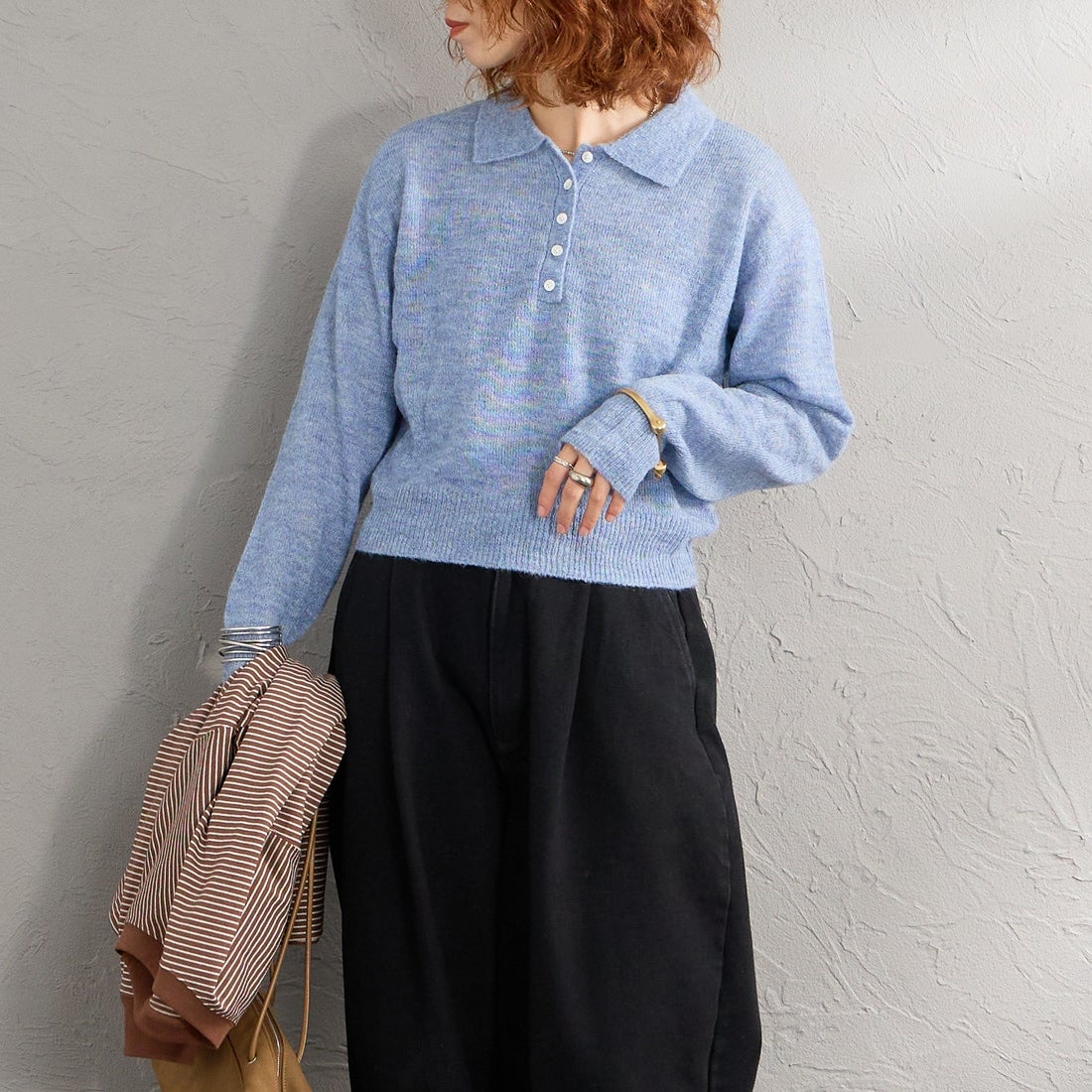 Health knit [ヘルスニット] 別注 モヘアブレンドポロニット [HR26F-L463IN-JF] BLUE &&モデル身長：158cm 着用サイズ：F&&