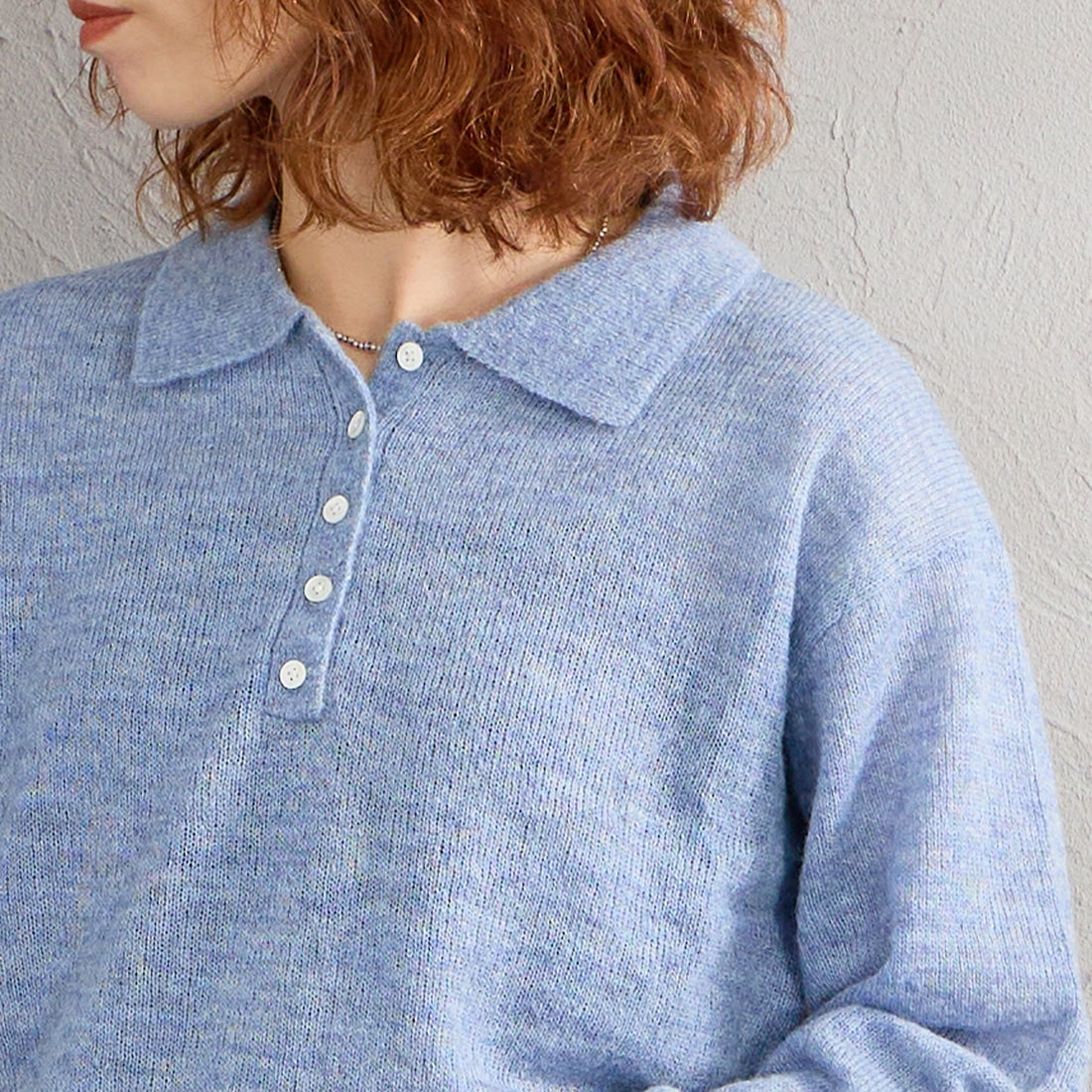 Health knit [ヘルスニット] 別注 モヘアブレンドポロニット [HR26F-L463IN-JF] BLUE &&モデル身長：158cm 着用サイズ：F&&