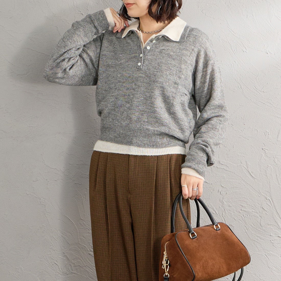 Health knit [ヘルスニット] 別注 モヘアブレンドポロニット [HR26F-L463IN-JF] GRAY &&モデル身長：160cm 着用サイズ：F&&
