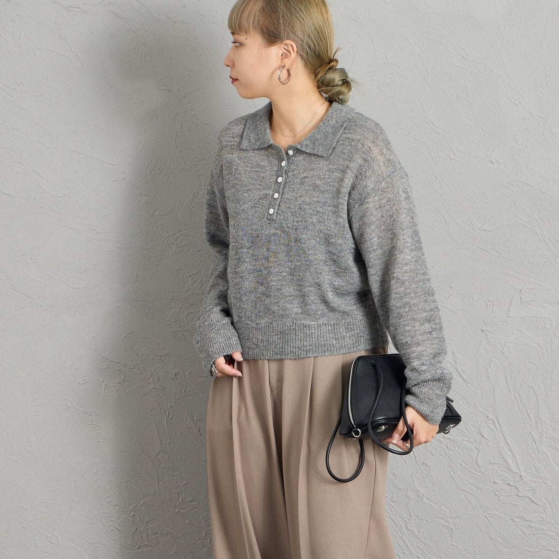 Health knit [ヘルスニット] 別注 モヘアブレンドポロニット [HR26F-L463IN-JF] GRAY &&モデル身長：156cm 着用サイズ：F&&
