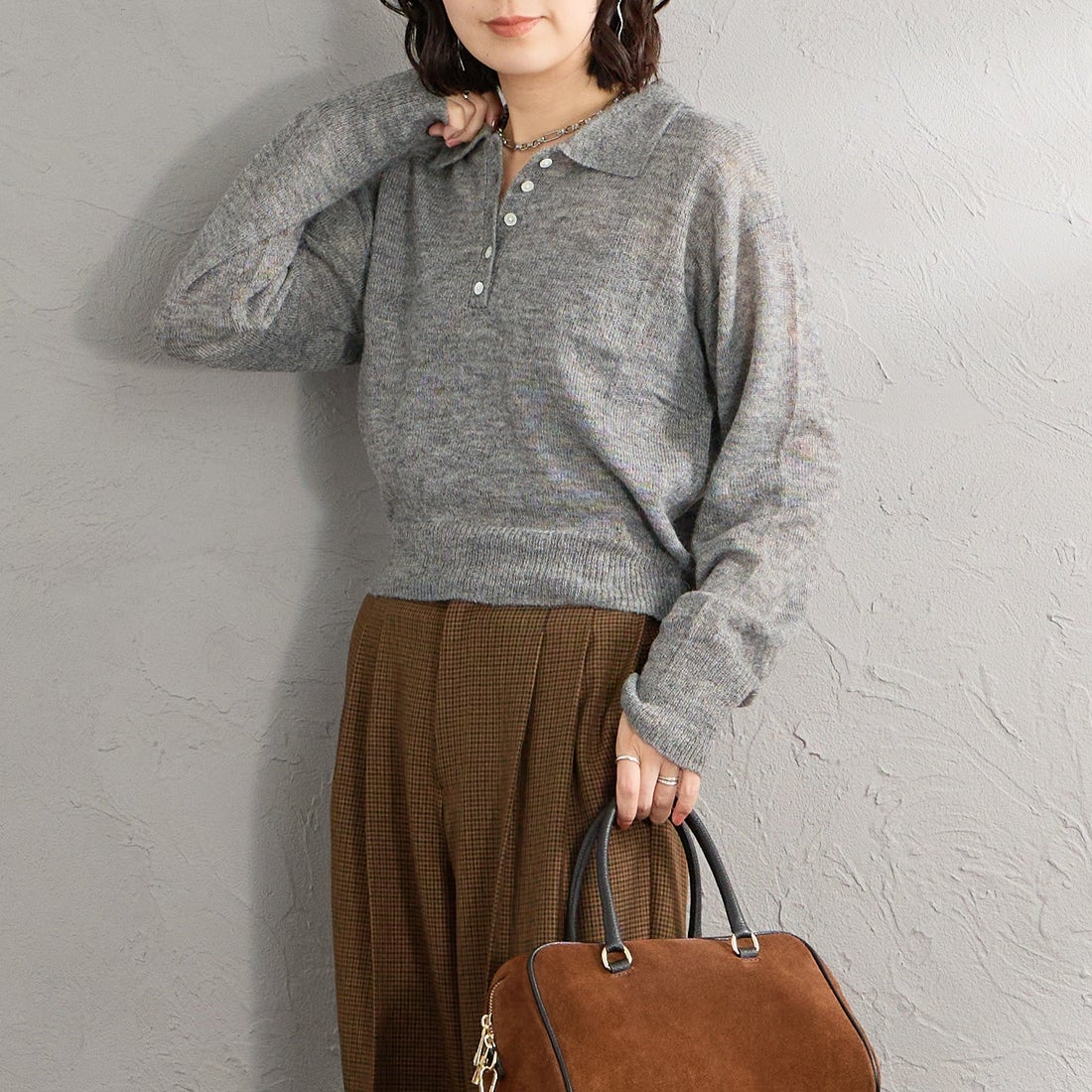 Health knit [ヘルスニット] 別注 モヘアブレンドポロニット [HR26F-L463IN-JF] GRAY &&モデル身長：160cm 着用サイズ：F&&