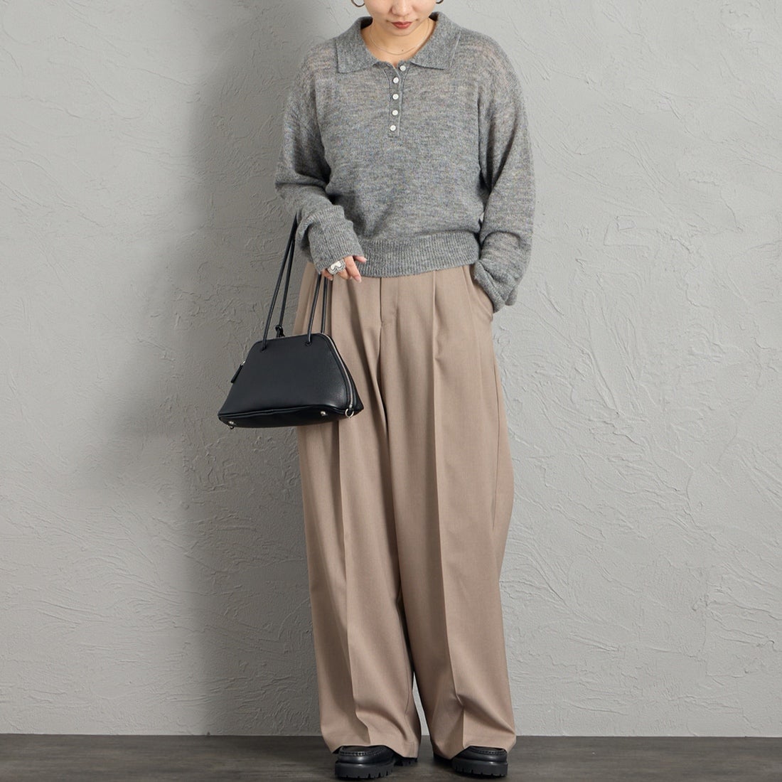 Health knit [ヘルスニット] 別注 モヘアブレンドポロニット [HR26F-L463IN-JF] GRAY &&モデル身長：156cm 着用サイズ：F&&