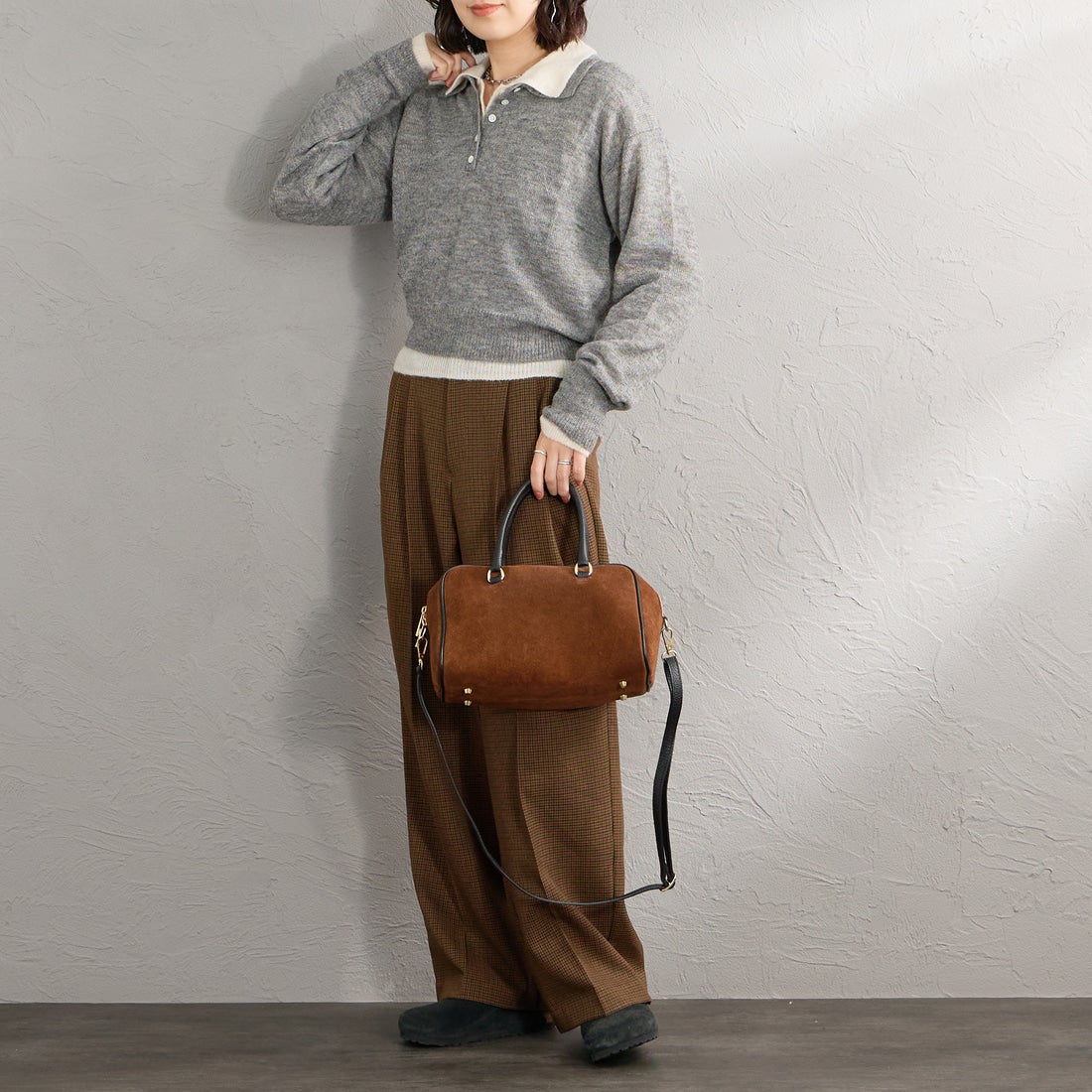 Health knit [ヘルスニット] 別注 モヘアブレンドポロニット [HR26F-L463IN-JF] GRAY &&モデル身長：160cm 着用サイズ：F&&