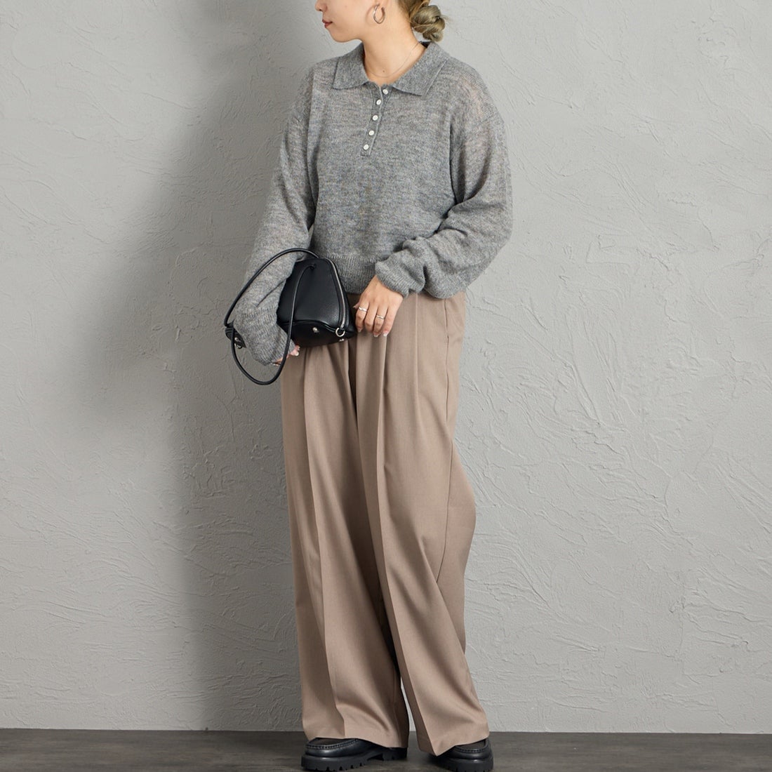 Health knit [ヘルスニット] 別注 モヘアブレンドポロニット [HR26F-L463IN-JF] GRAY &&モデル身長：156cm 着用サイズ：F&&