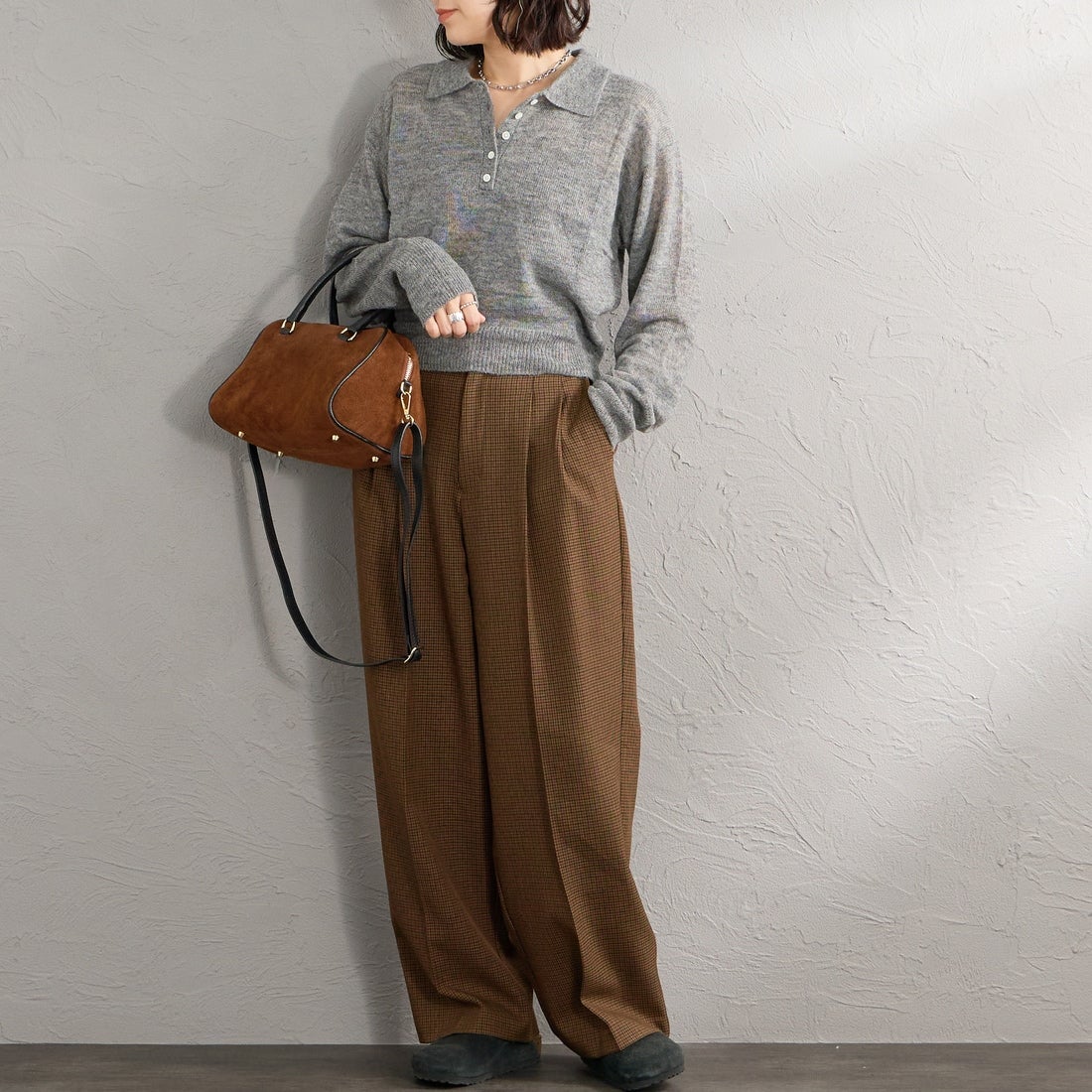Health knit [ヘルスニット] 別注 モヘアブレンドポロニット [HR26F-L463IN-JF] GRAY &&モデル身長：160cm 着用サイズ：F&&