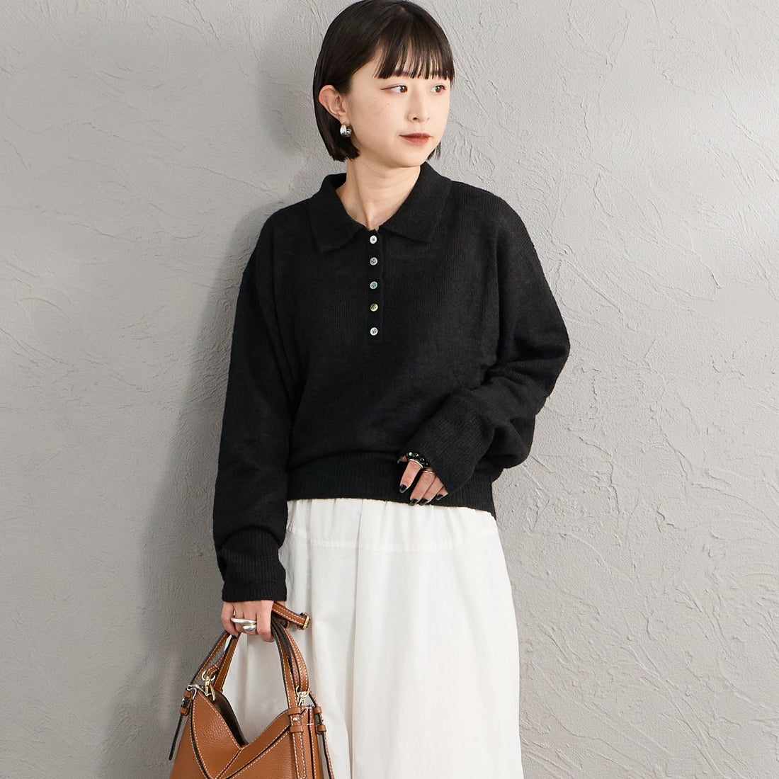 Health knit [ヘルスニット] 別注 モヘアブレンドポロニット [HR26F-L463IN-JF] BLACK &&モデル身長：150cm 着用サイズ：F&&
