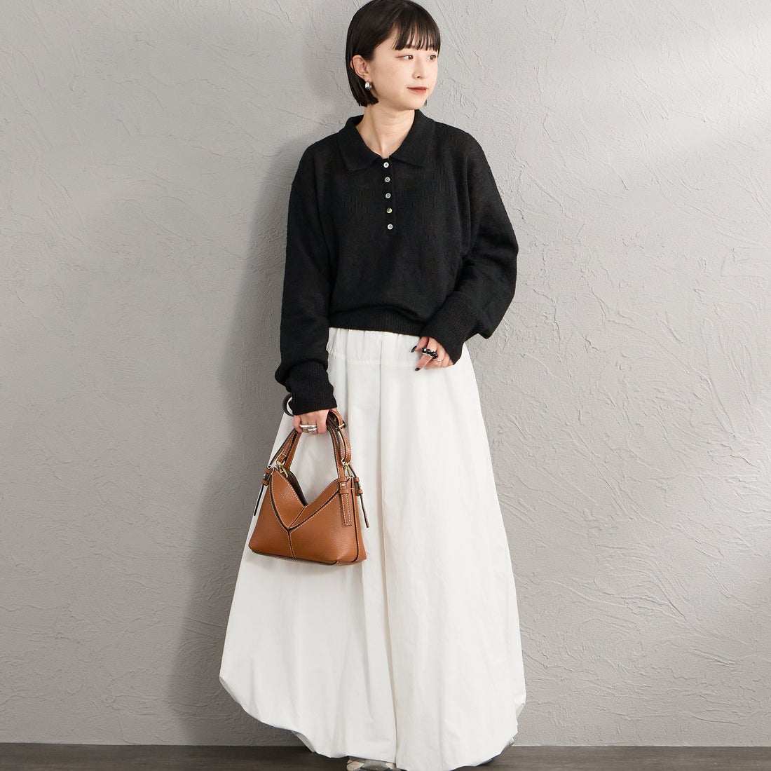 Health knit [ヘルスニット] 別注 モヘアブレンドポロニット [HR26F-L463IN-JF] BLACK &&モデル身長：150cm 着用サイズ：F&&